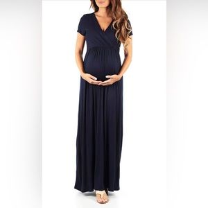 Mother Bee Maternity Short Sleeve Ruched Waist Faux Wrap Maxi Dress